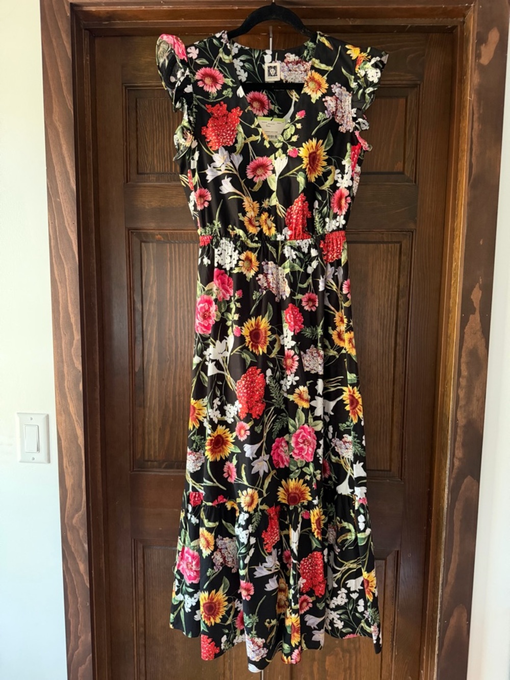 Anne Klein Black Midi Dress with Pink, Yellow & Red Floral Print